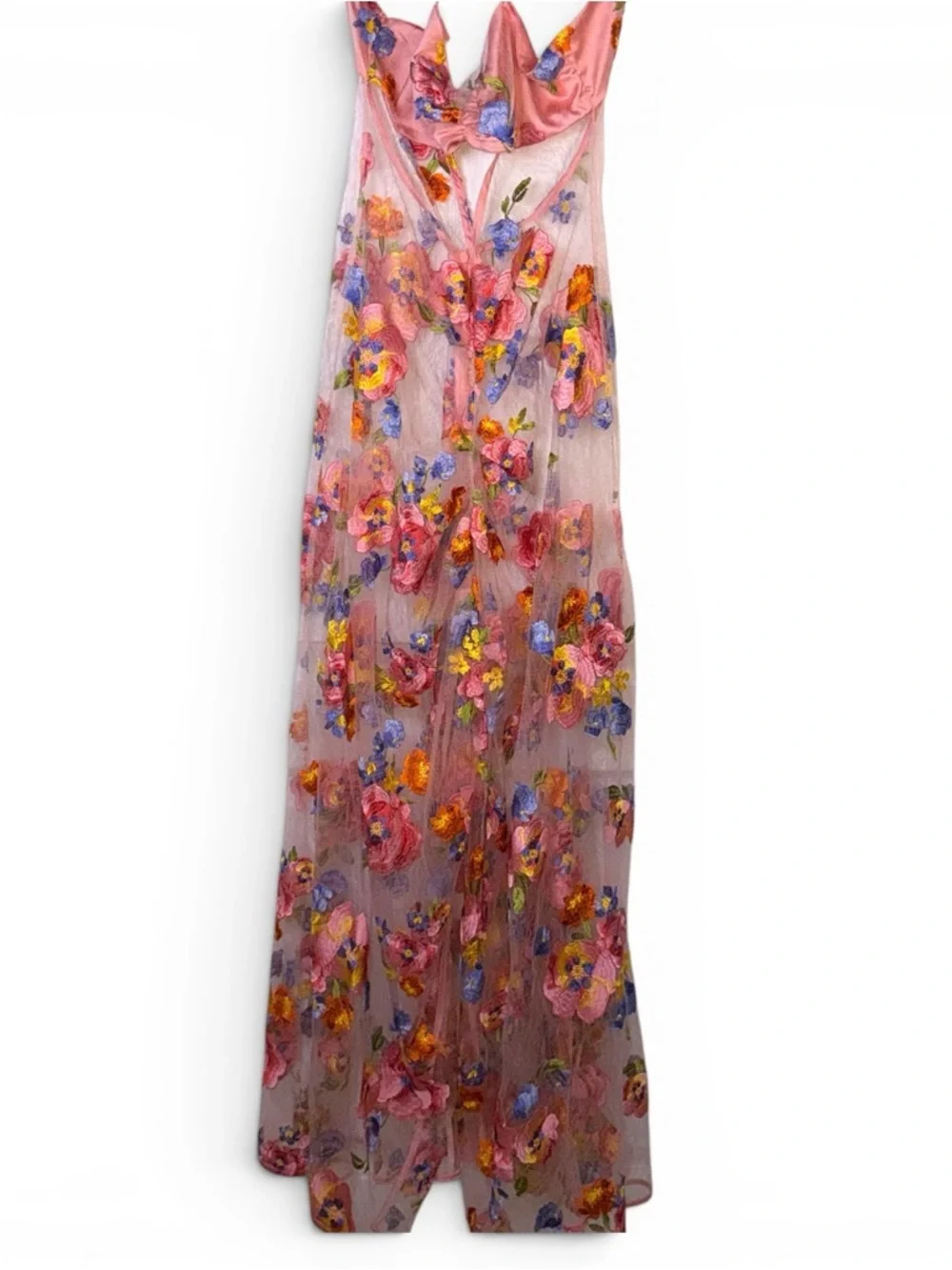 For Love & Lemons Pink Floral Maxi Dress with Multicolor Embroidery